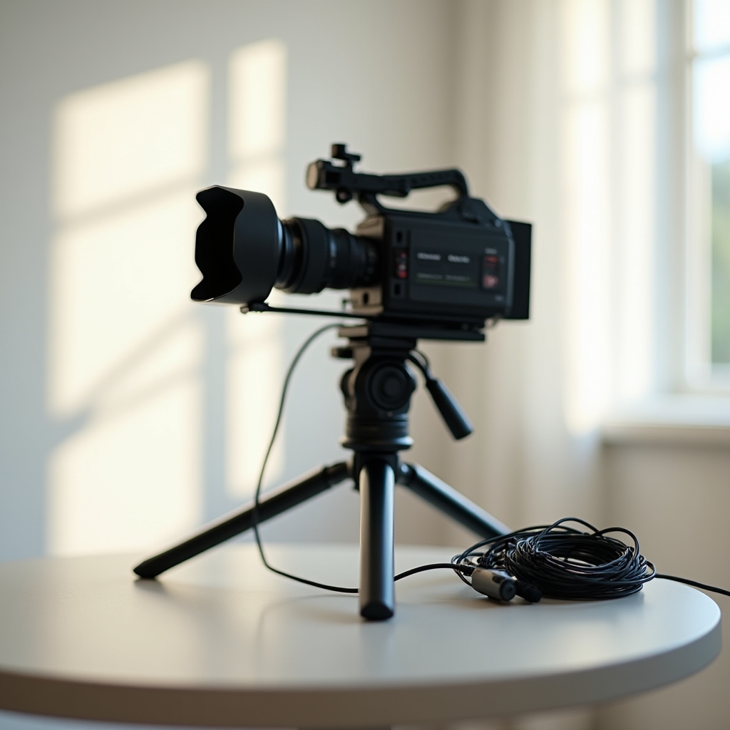 Cameră video și microfon lavalieră pregătite pentru o sesiune de filmare