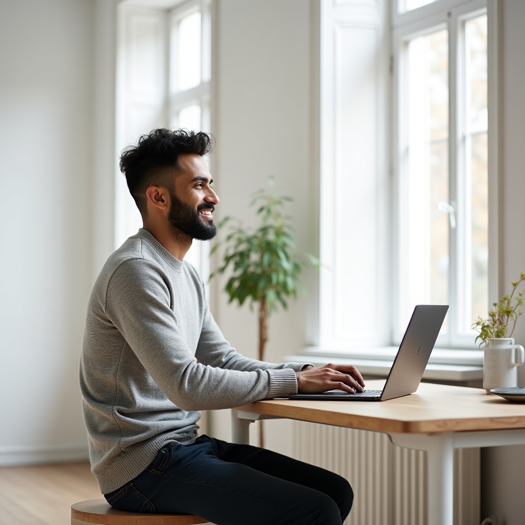 Programator lucrând remote lângă o fereastră mare, într-un spațiu minimalist
