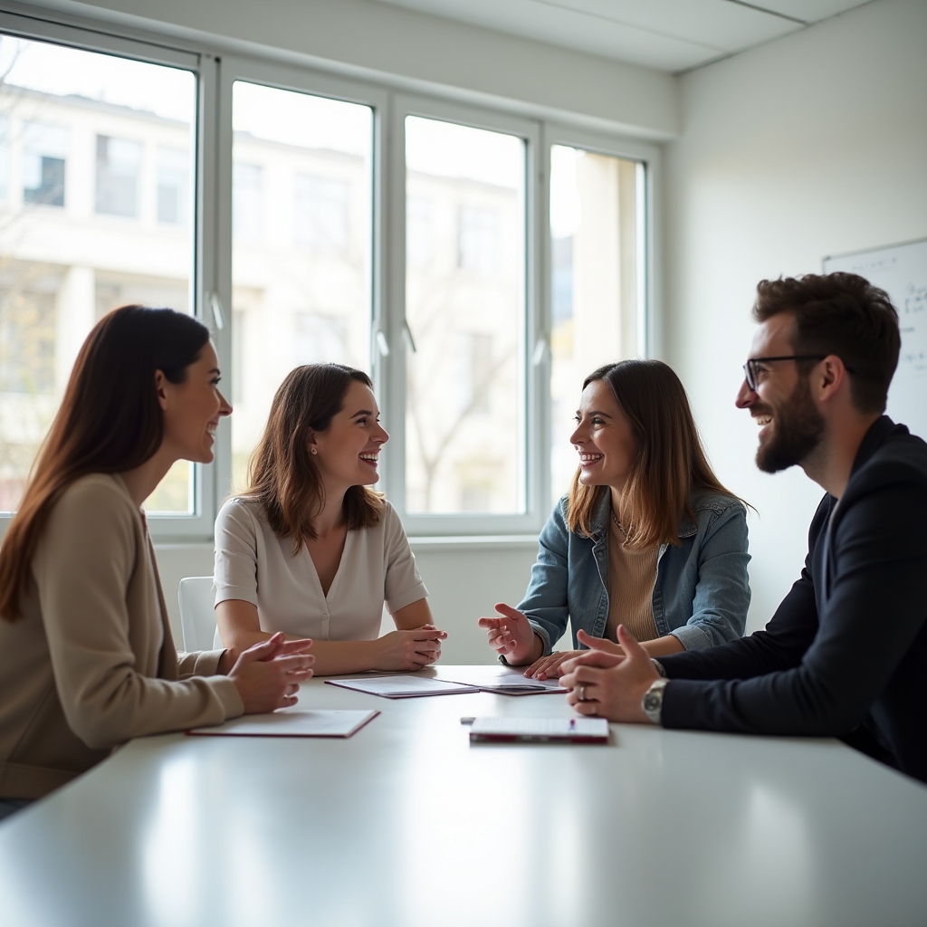 Grup de profesioniști discutând într-o sală de întâlniri luminoasă